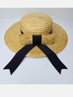 Laura Ashley Vintage Straw Hat With Navy Grosgrain Ribbon